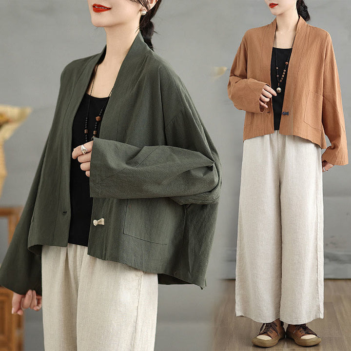 Giacca in lino e cotone con tasche, casual, vintage, a maniche lunghe, aperta sul davanti, con cardigan Buddha Stones - image 20