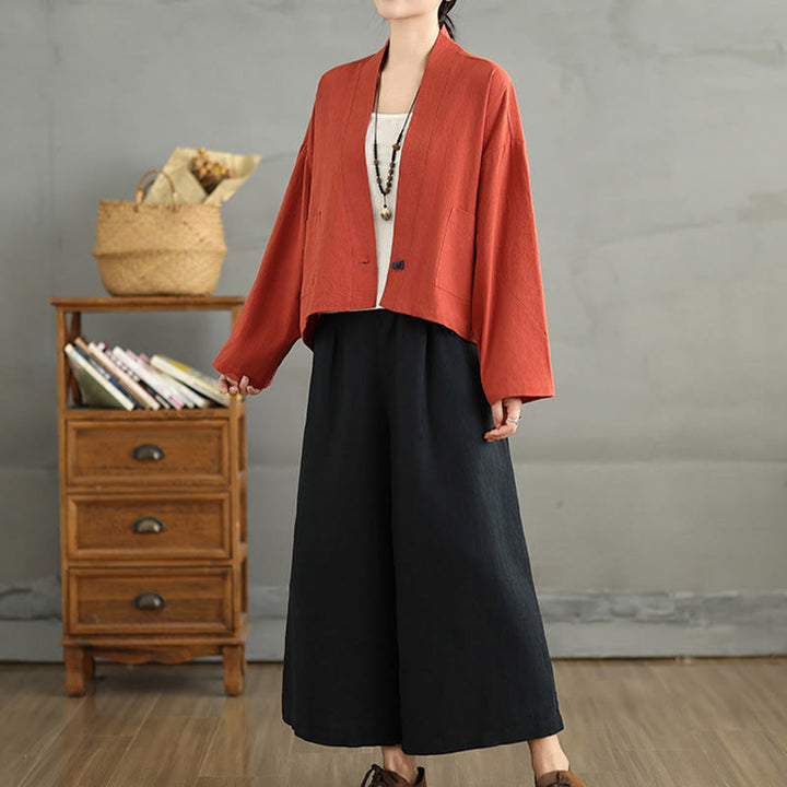 Giacca in lino e cotone con tasche, casual, vintage, a maniche lunghe, aperta sul davanti, con cardigan Buddha Stones - image 12