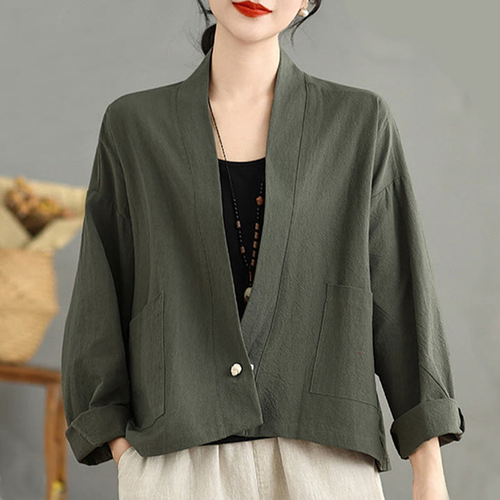 Giacca in lino e cotone con tasche, casual, vintage, a maniche lunghe, aperta sul davanti, con cardigan Buddha Stones - image 15