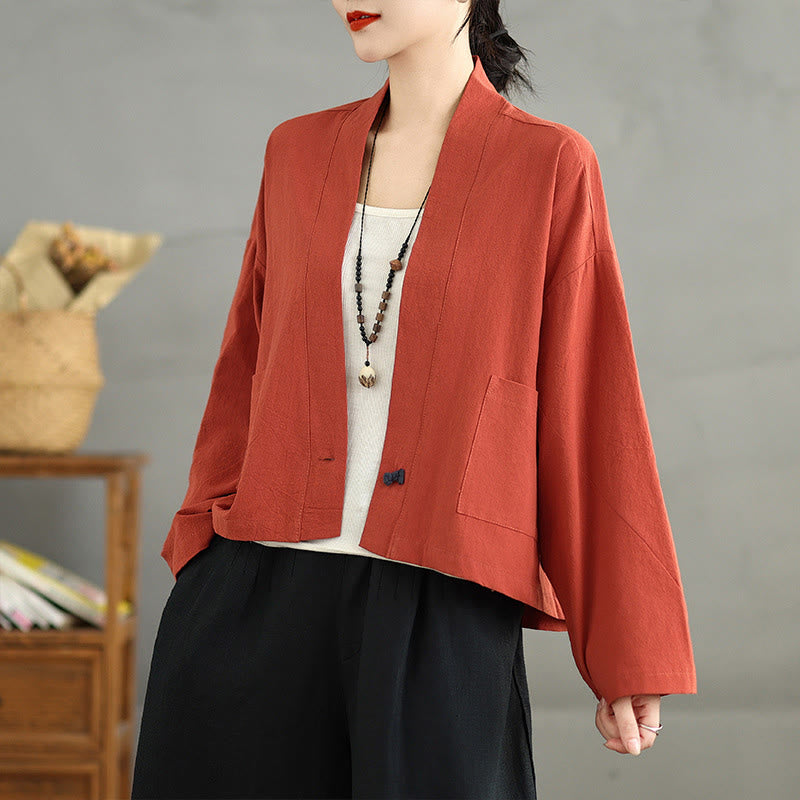 Giacca in lino e cotone con tasche, casual, vintage, a maniche lunghe, aperta sul davanti, con cardigan Buddha Stones - Arancione Rosso - US14, UK/AU18, EU46 (2XL) - image 9