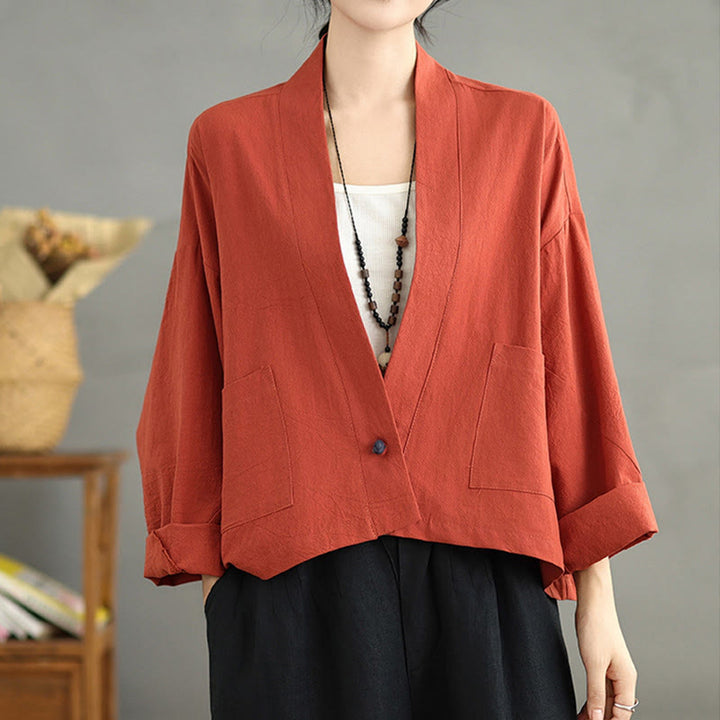 Giacca in lino e cotone con tasche, casual, vintage, a maniche lunghe, aperta sul davanti, con cardigan Buddha Stones - image 10