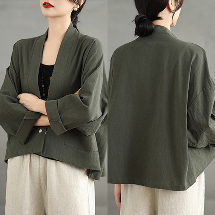 Giacca in lino e cotone con tasche, casual, vintage, a maniche lunghe, aperta sul davanti, con cardigan Buddha Stones - image 19