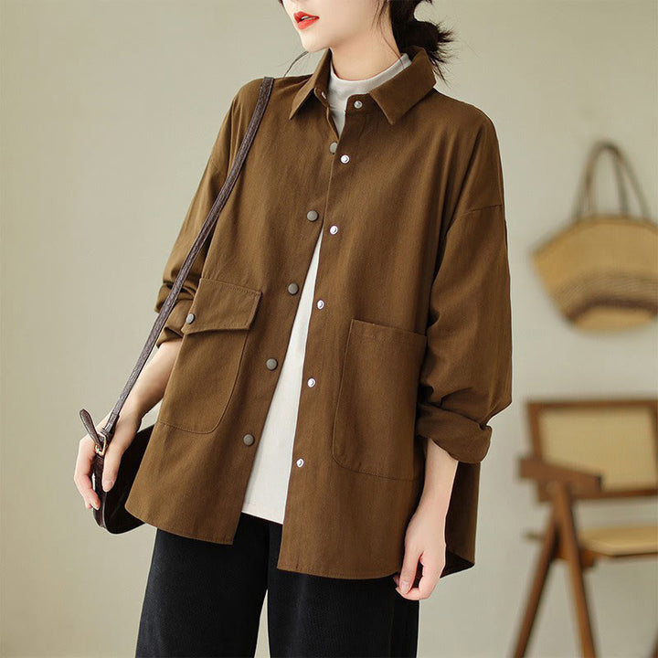 Giacca da donna in cotone con risvolto, casual, vintage, in tinta unita, con Buddha Stones - Marrone sella - US14, UK/AU18, EU46 (2XL) - image 14