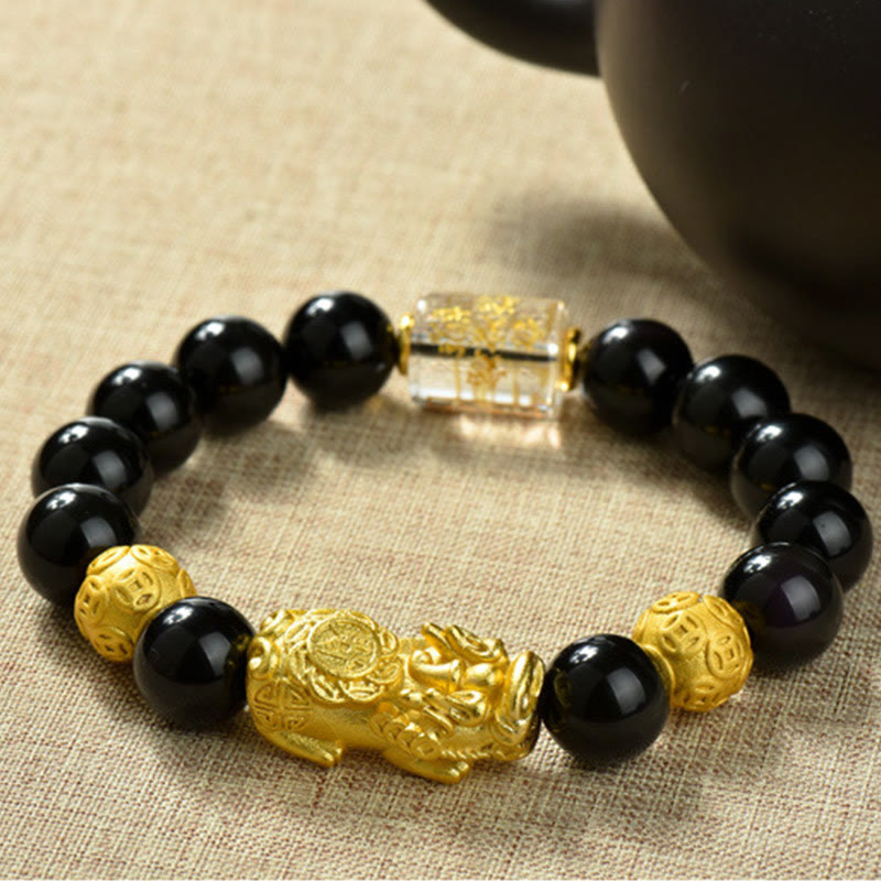 Braccialetto della ricchezza con perline di ossidiana arcobaleno in rame Pixiu Buddha Stones Fengshui - Monete di rame e portafortuna e Pixiu in ottone (circonferenza del polso: 18-19 cm) - image 18
