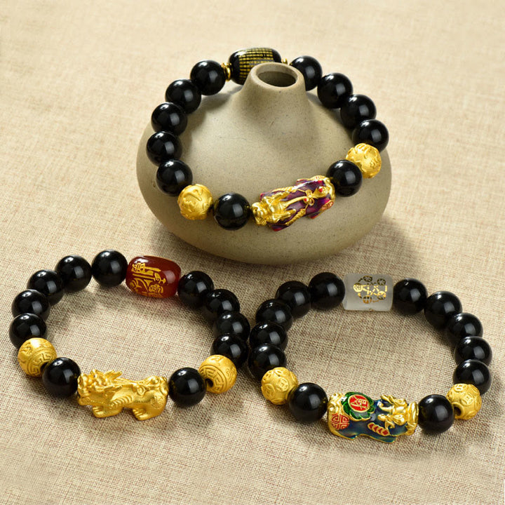 Braccialetto della ricchezza con perline di ossidiana arcobaleno in rame Pixiu Buddha Stones Fengshui - image 29