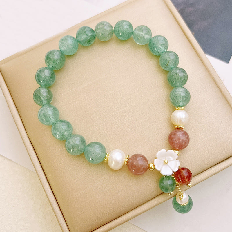 Braccialetto rilassante Buddha Stones con quarzo fragola verde, conchiglia e fiori di pesco - image 2