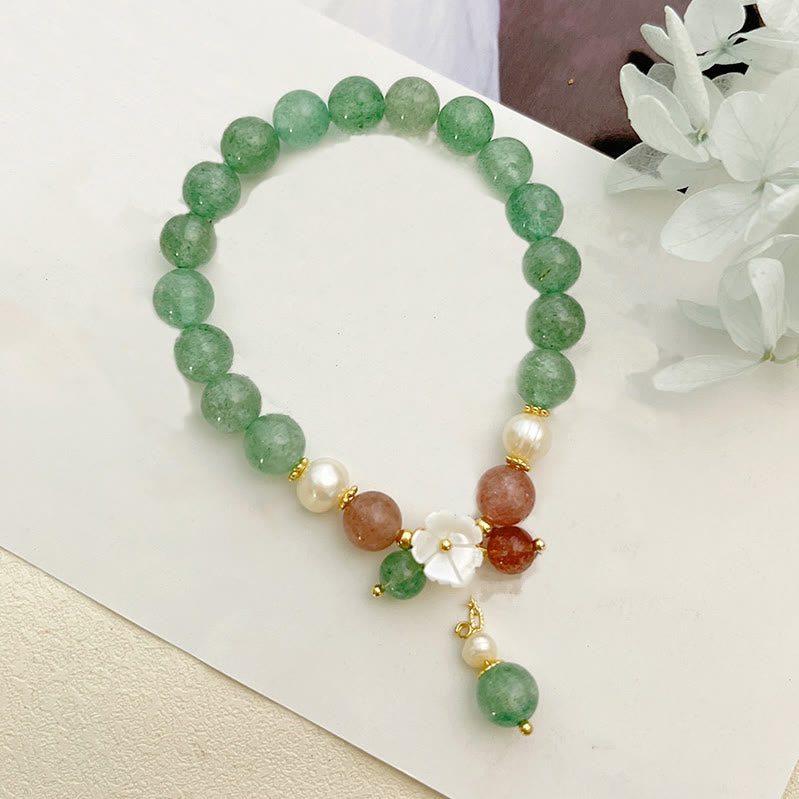 Braccialetto rilassante Buddha Stones con quarzo fragola verde, conchiglia e fiori di pesco - image 5