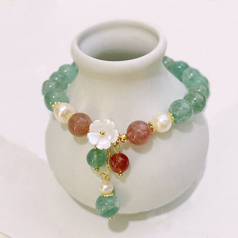 Braccialetto rilassante Buddha Stones con quarzo fragola verde, conchiglia e fiori di pesco - Quarzo verde fragola (circonferenza del polso: 14-15 cm) - image 1