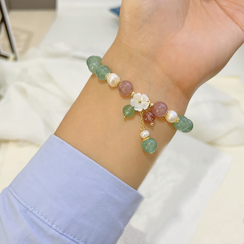 Braccialetto rilassante Buddha Stones con quarzo fragola verde, conchiglia e fiori di pesco - image 4