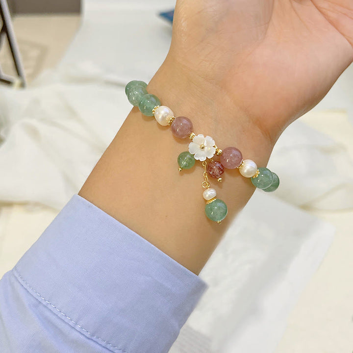 Braccialetto rilassante Buddha Stones con quarzo fragola verde, conchiglia e fiori di pesco - image 4