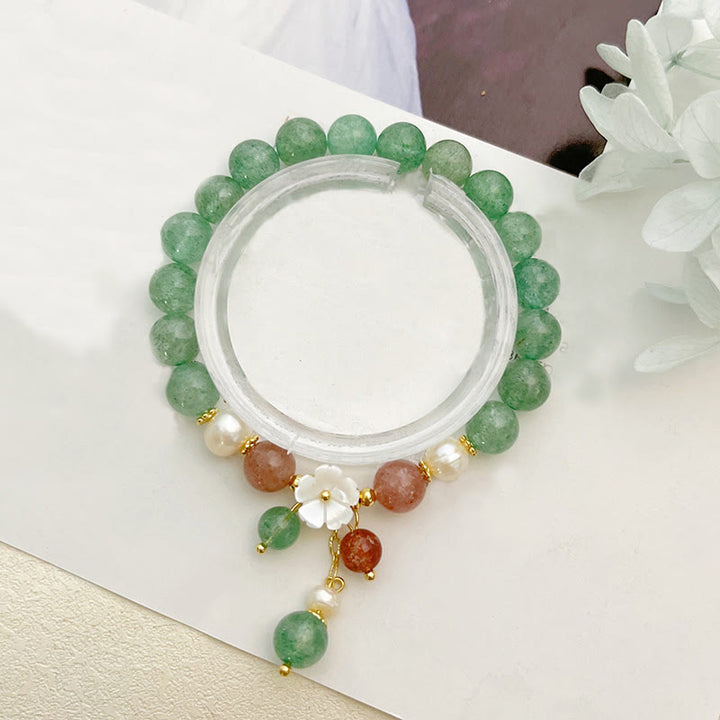 Braccialetto rilassante Buddha Stones con quarzo fragola verde, conchiglia e fiori di pesco - image 3