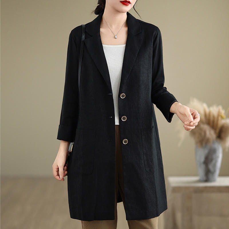 Cappotto da donna in cotone e lino con tasche, modello Buddha Stones, casual, con bottoni e revers - image 4