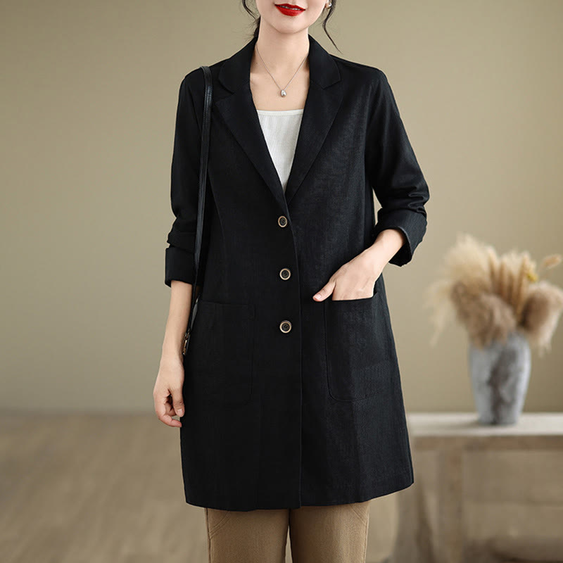 Cappotto da donna in cotone e lino con tasche, modello Buddha Stones, casual, con bottoni e revers - image 2
