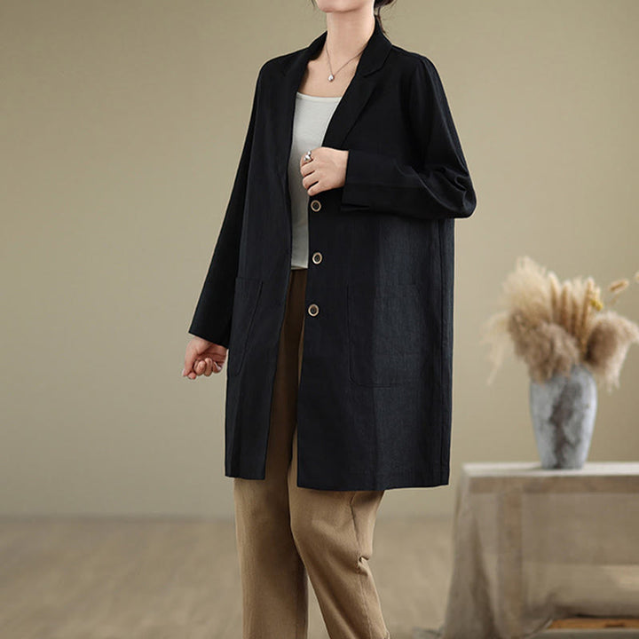 Cappotto da donna in cotone e lino con tasche, modello Buddha Stones, casual, con bottoni e revers - image 2