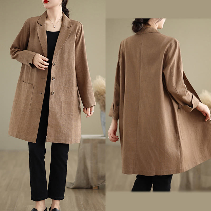 Cappotto da donna in cotone e lino con tasche, modello Buddha Stones, casual, con bottoni e revers - image 15