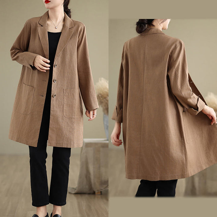 Cappotto da donna in cotone e lino con tasche, modello Buddha Stones, casual, con bottoni e revers - image 15