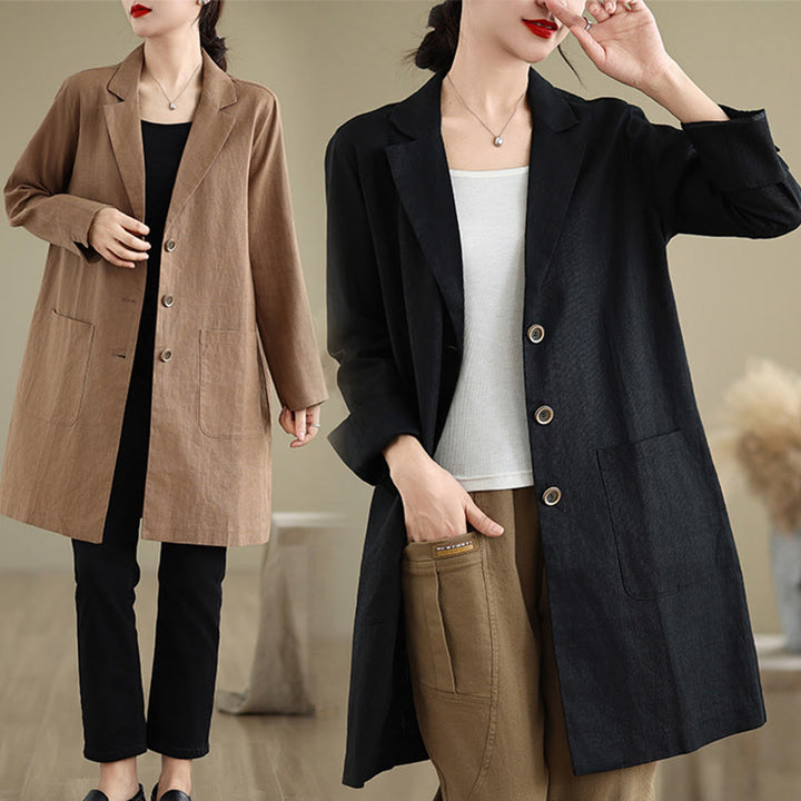 Cappotto da donna in cotone e lino con tasche, modello Buddha Stones, casual, con bottoni e revers - image 17