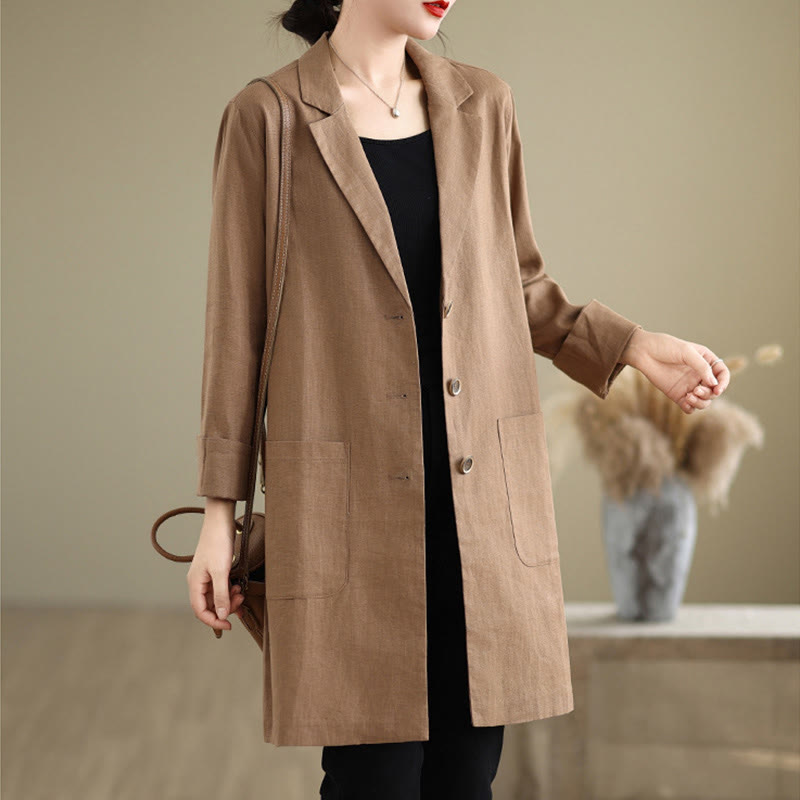 Cappotto da donna in cotone e lino con tasche, modello Buddha Stones, casual, con bottoni e revers - image 7
