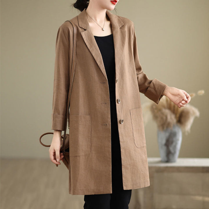 Cappotto da donna in cotone e lino con tasche, modello Buddha Stones, casual, con bottoni e revers - image 7
