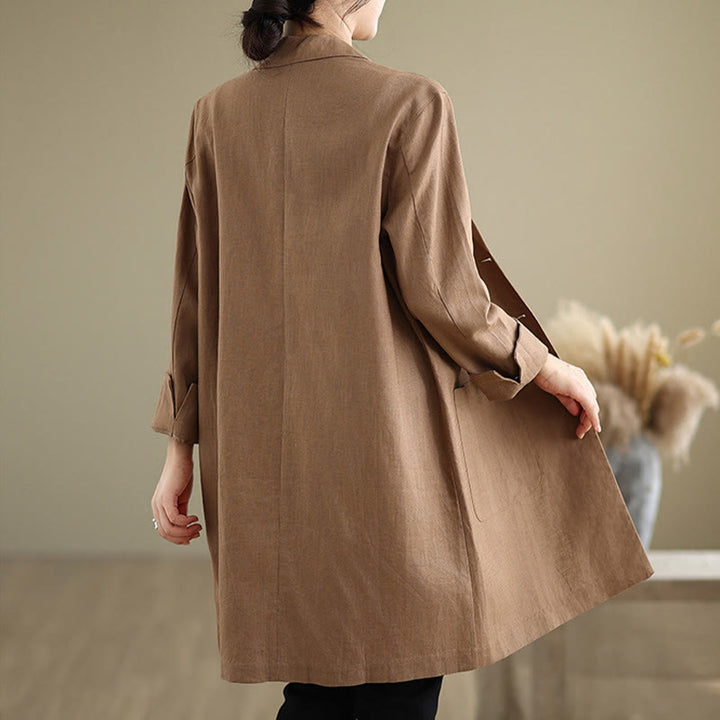 Cappotto da donna in cotone e lino con tasche, modello Buddha Stones, casual, con bottoni e revers - image 9