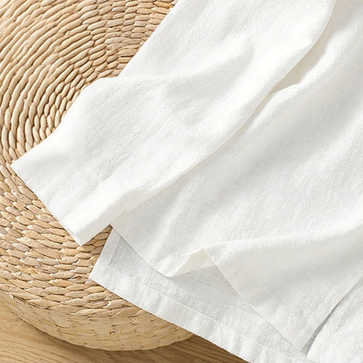 Camicia da donna in cotone e lino con orlo semplice e spacco, tinta unita, motivo Buddha Stones Spring - image 16