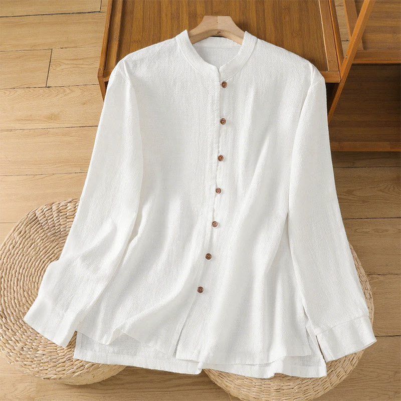 Camicia da donna in cotone e lino con orlo semplice e spacco, tinta unita, motivo Buddha Stones Spring - Bianco - US14, UK/AU18, EU46 (2XL) - image 11