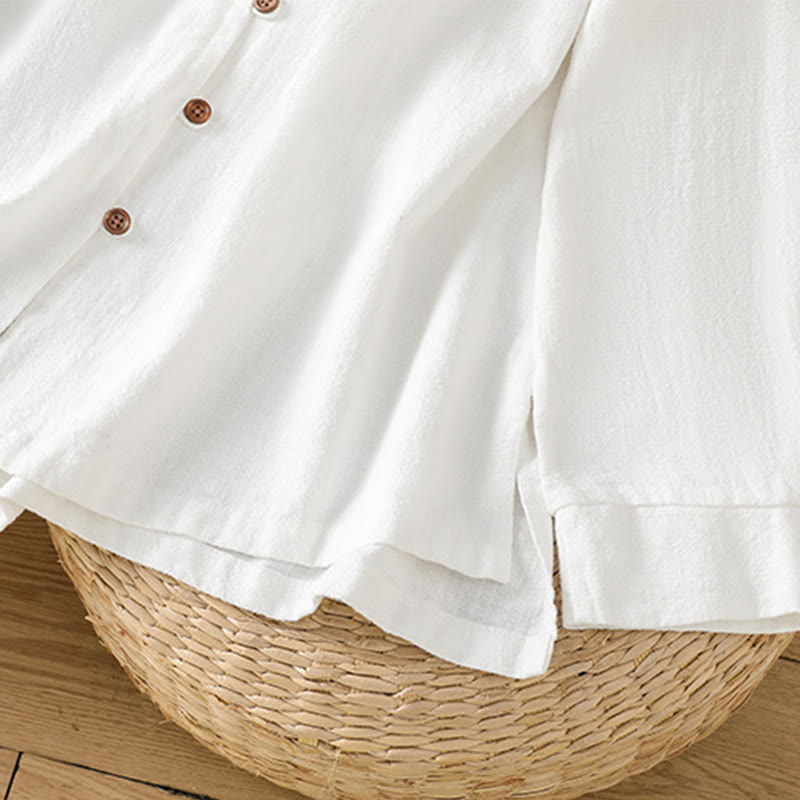 Camicia da donna in cotone e lino con orlo semplice e spacco, tinta unita, motivo Buddha Stones Spring - image 19