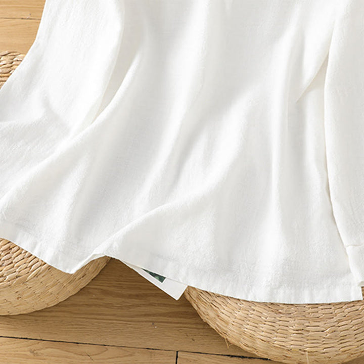 Camicia da donna in cotone e lino con orlo semplice e spacco, tinta unita, motivo Buddha Stones Spring - image 19