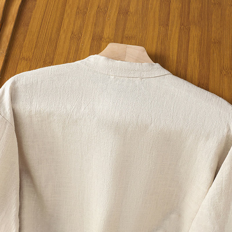 Camicia da donna in cotone e lino con orlo semplice e spacco, tinta unita, motivo Buddha Stones Spring - image 3