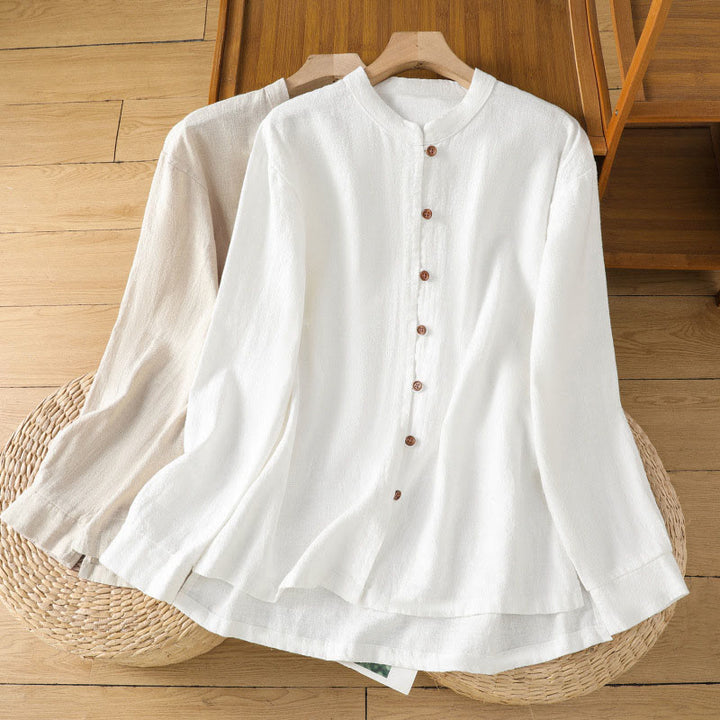 Camicia da donna in cotone e lino con orlo semplice e spacco, tinta unita, motivo Buddha Stones Spring - image 21