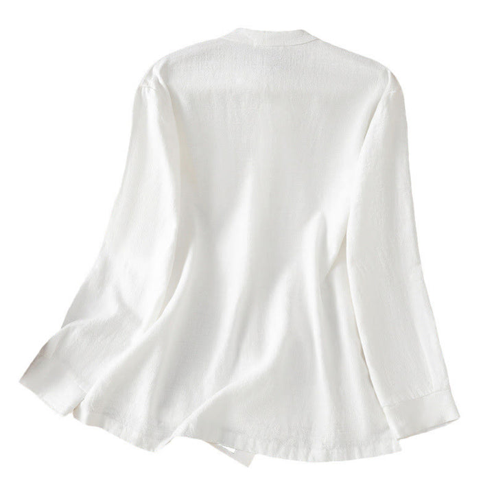 Camicia da donna in cotone e lino con orlo semplice e spacco, tinta unita, motivo Buddha Stones Spring - image 21