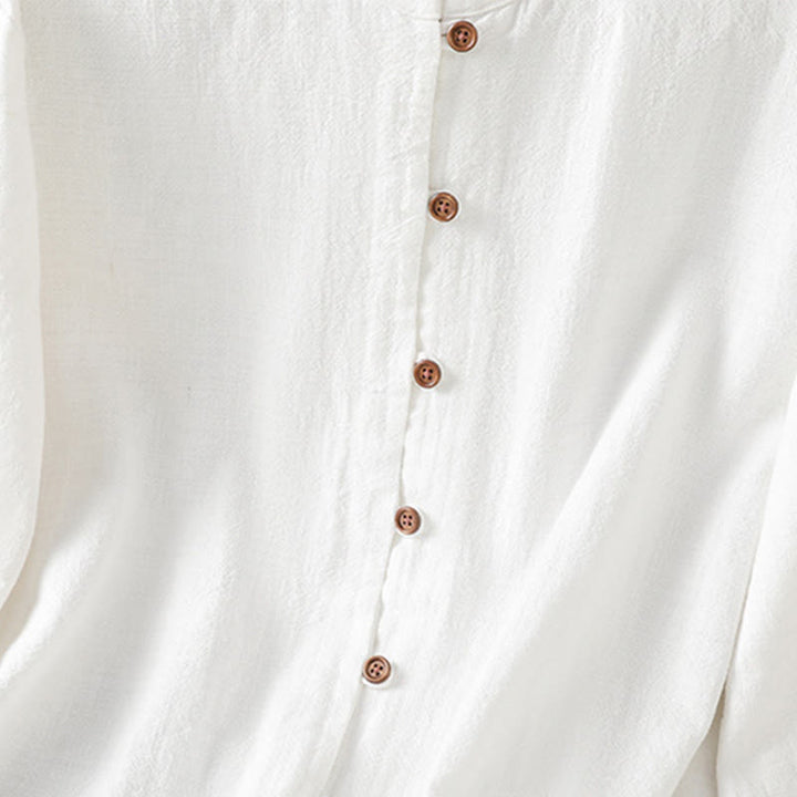 Camicia da donna in cotone e lino con orlo semplice e spacco, tinta unita, motivo Buddha Stones Spring - image 14