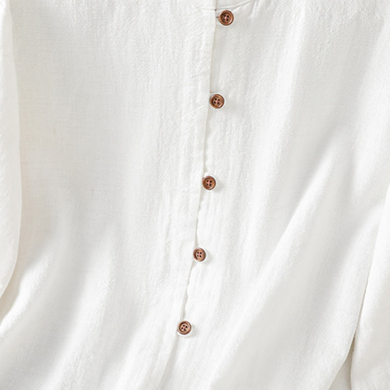 Camicia da donna in cotone e lino con orlo semplice e spacco, tinta unita, motivo Buddha Stones Spring - image 14