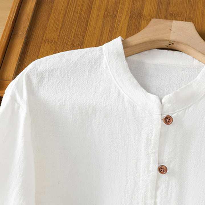 Camicia da donna in cotone e lino con orlo semplice e spacco, tinta unita, motivo Buddha Stones Spring - image 12