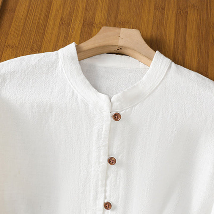 Camicia da donna in cotone e lino con orlo semplice e spacco, tinta unita, motivo Buddha Stones Spring - image 11