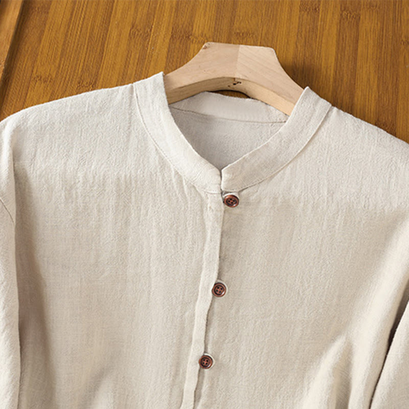 Camicia da donna in cotone e lino con orlo semplice e spacco, tinta unita, motivo Buddha Stones Spring - image 3