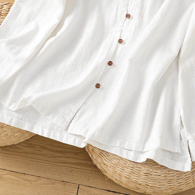 Camicia da donna in cotone e lino con orlo semplice e spacco, tinta unita, motivo Buddha Stones Spring - image 18
