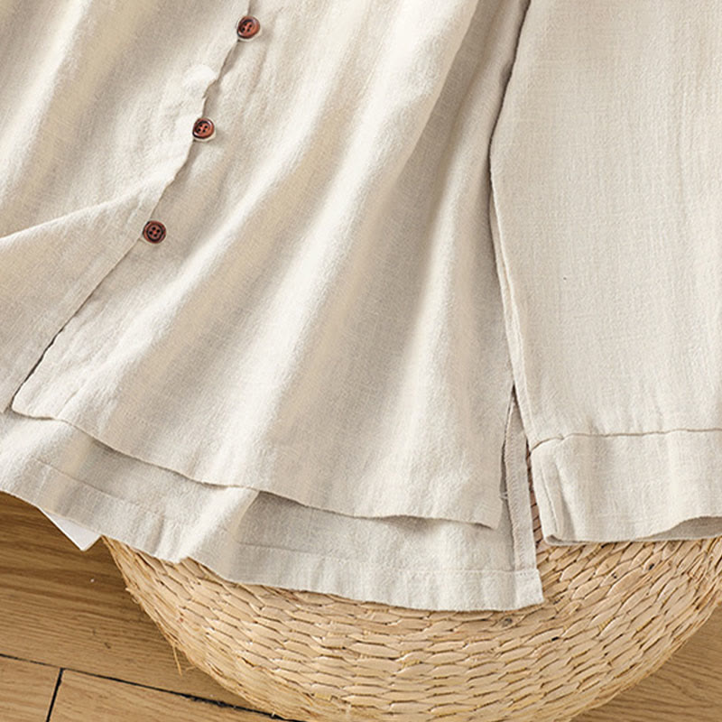 Camicia da donna in cotone e lino con orlo semplice e spacco, tinta unita, motivo Buddha Stones Spring - image 7