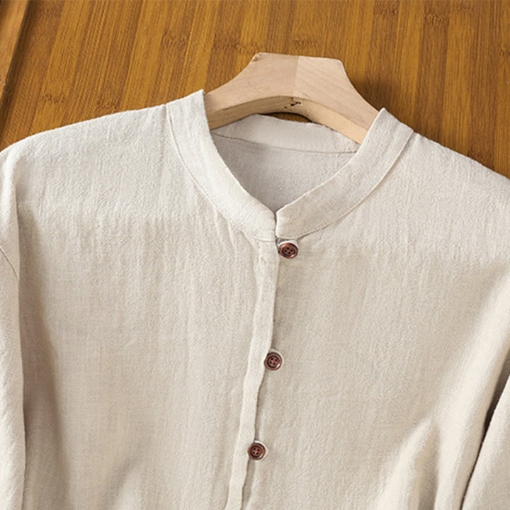 Camicia da donna in cotone e lino con orlo semplice e spacco, tinta unita, motivo Buddha Stones Spring - image 2