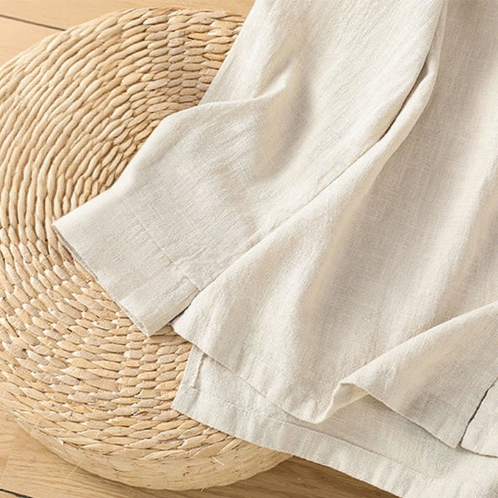 Camicia da donna in cotone e lino con orlo semplice e spacco, tinta unita, motivo Buddha Stones Spring - image 8