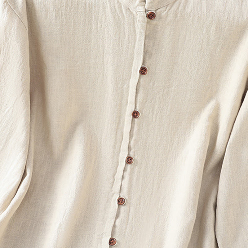 Camicia da donna in cotone e lino con orlo semplice e spacco, tinta unita, motivo Buddha Stones Spring - image 5