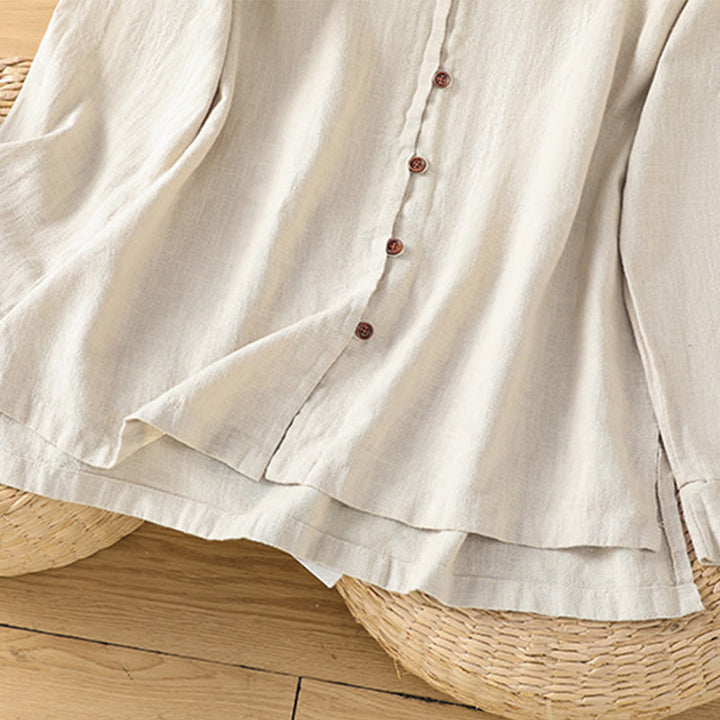 Camicia da donna in cotone e lino con orlo semplice e spacco, tinta unita, motivo Buddha Stones Spring - image 7