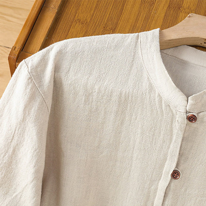 Camicia da donna in cotone e lino con orlo semplice e spacco, tinta unita, motivo Buddha Stones Spring - image 6
