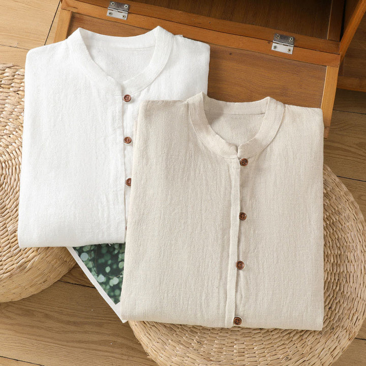 Camicia da donna in cotone e lino con orlo semplice e spacco, tinta unita, motivo Buddha Stones Spring - image 22