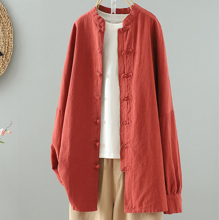 Camicia in cotone e lino con motivo a rana cinese semplice e tinta unita da donna Buddha Stones - Arancione Rosso - US14, UK/AU18, EU46 (2XL) - image 16