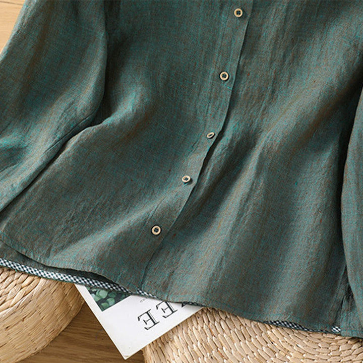 Camicia da donna con scollo rotondo e volant, tinta unita, con motivo Buddha Stones stampa primaverile. - image 4
