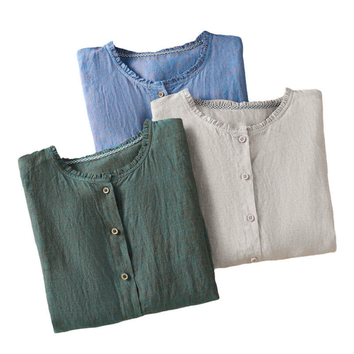 Camicia da donna in cotone e lino con scollo rotondo, motivo a bottoni tinta unita, motivo Buddha Stones Spring - image 21