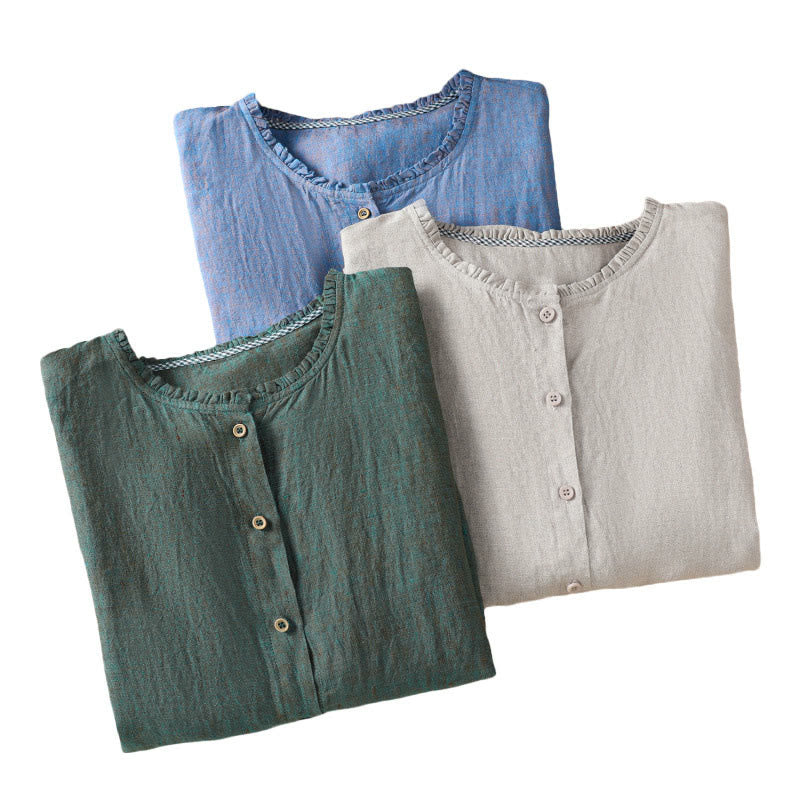 Camicia da donna con scollo rotondo e volant, tinta unita, con motivo Buddha Stones stampa primaverile. - image 21