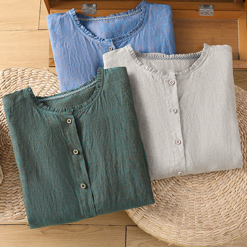 Camicia da donna con scollo rotondo e volant, tinta unita, con motivo Buddha Stones stampa primaverile. - image 20