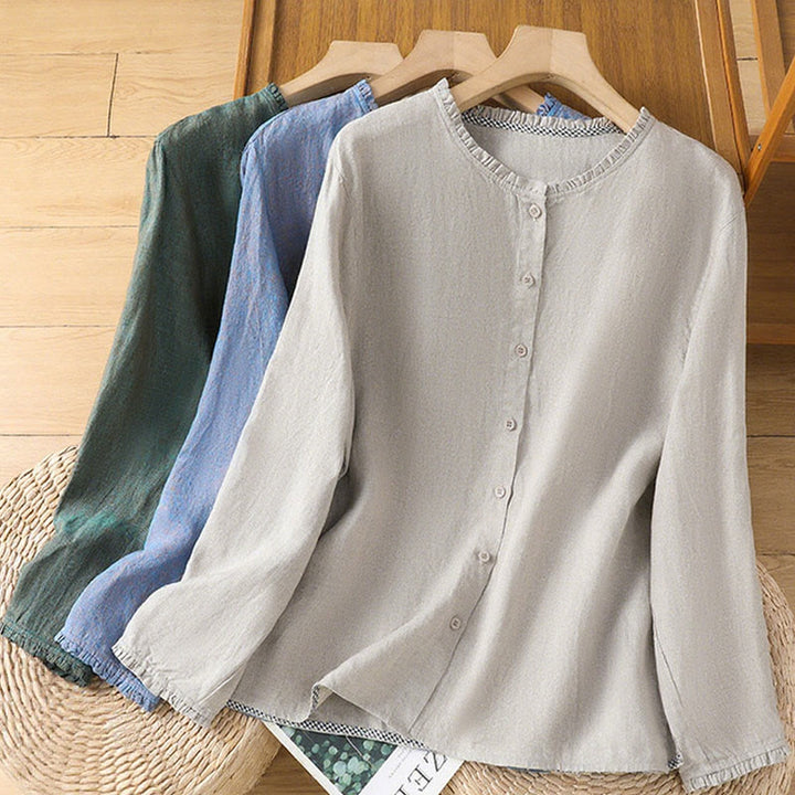 Camicia da donna con scollo rotondo e volant, tinta unita, con motivo Buddha Stones stampa primaverile. - image 19